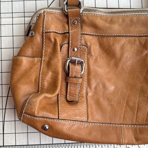 Fossil Leather Shoulder Bag | Cognac Brown Satchel | Buckle Detail | Key Charm - Picture 4 of 13